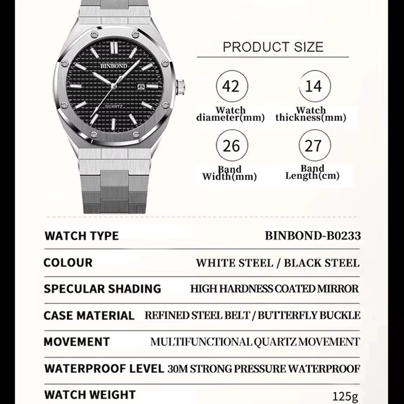 BINBOND Quarz-Armbanduhr, Edelstahl, Silber, Herren, Datum, Klassisch - Bild 2