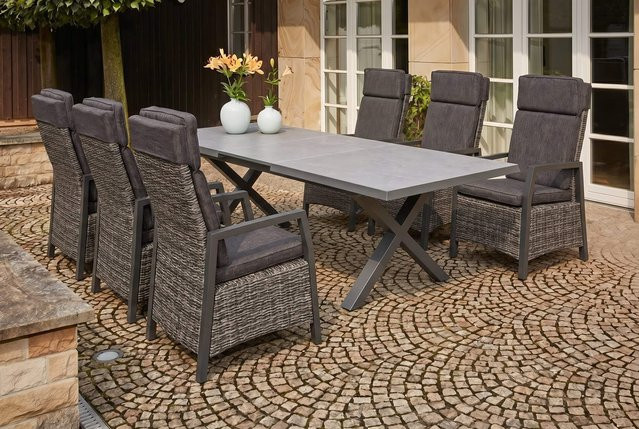 OUTFLEXX Serro Garten-Essgruppe aus Aluminium, Polyrattan und Steinimitat in Schwarz, Anthrazit und Grau mit ausziehbarem Tisch und 6 Diningsesseln, Tisch Breite: 200 bis 262 cm, Tiefe: 100 cm - Bild 1