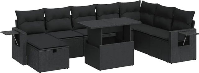 vidaXL 9-tlg. Garten-Sofagarnitur in L-Form aus Poly-Rattan mit Kissen in Schwarz - Bild 1