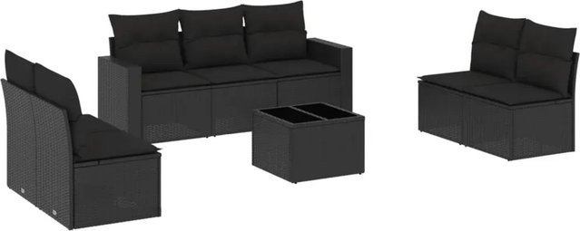 vidaXL 8-teilige Garten-Sofagarnitur in L-Form mit Kissen und Couchtisch, Schwarz, Poly-Rattan und Metallrahmen - Bild 1