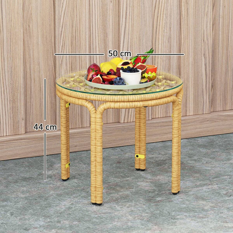Outsunny Beistelltisch aus Polyrattan mit Glasplatte in Gelb, runder Gartentisch für Garten und Terrasse, B/T/H: 50 x 50 x 44 cm - Bild 2