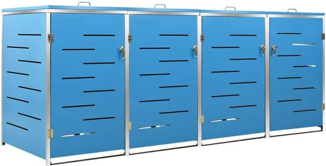 vidaXL Mülltonnenbox aus Edelstahl und verzinktem Stahl für 4 Tonnen, Farbe: Silber/Blau, B/T/H: 276,5 x 77,5 x 115,5 cm - Bild 1