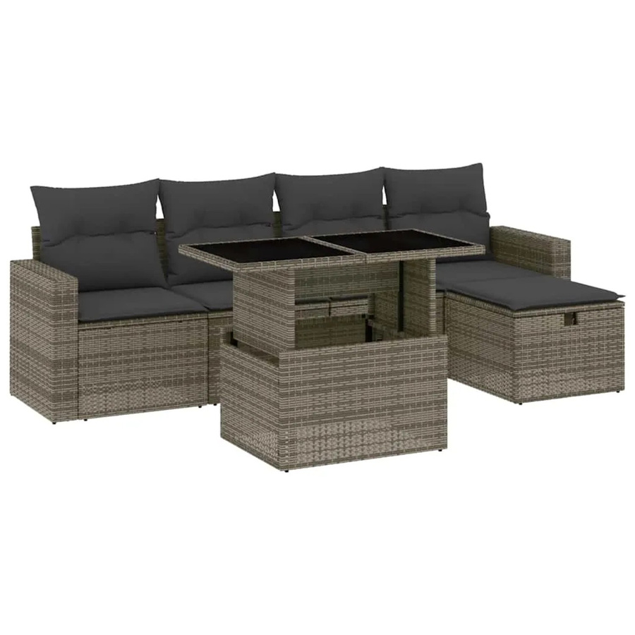 vidaXL 6-teilige Garten-Sofagarnitur in L-Form aus Poly-Rattan und Metall, Grau mit Kissen und Ottoman für Terrasse und Garten - Bild 2