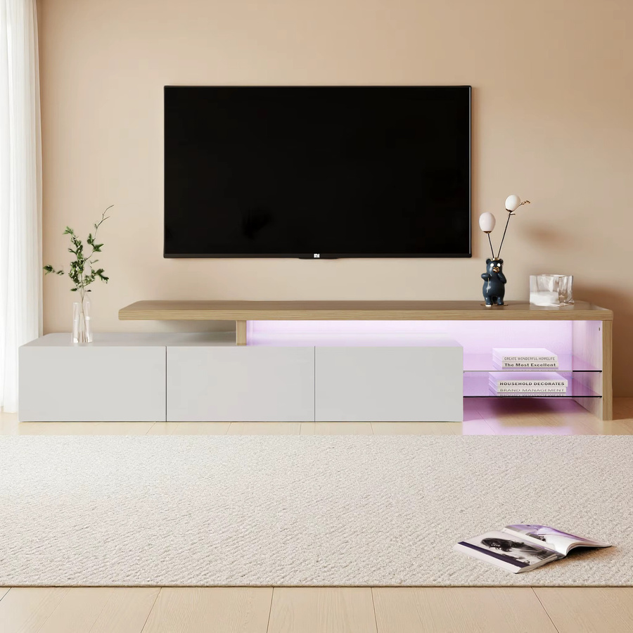 Comanlai TV-Ständer in Weiß mit Glasablage und 3 Türen, modernes Wohnzimmer-TV-Sideboard für Fernseher bis zu 85 Zoll - Bild 2
