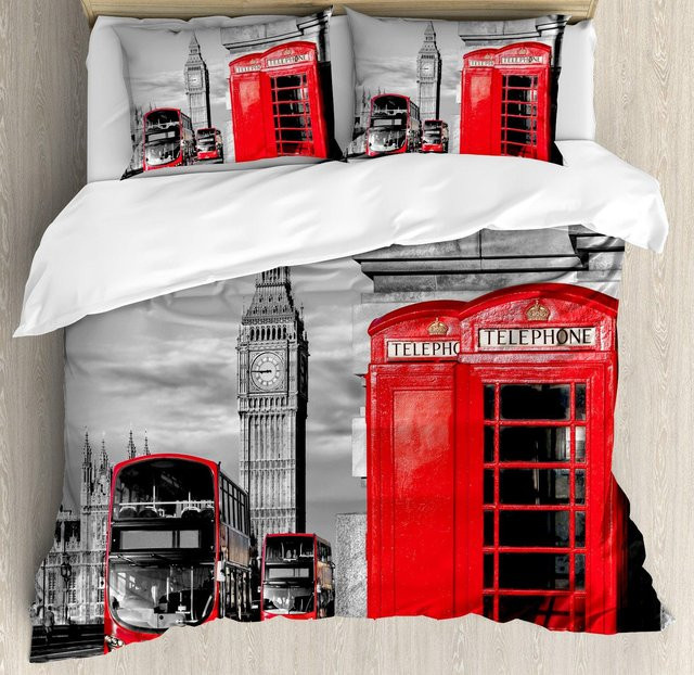 London Bettwäsche-Set mit Londoner Telefonzellen Motiv, Retro Design, Mehrfarbig, Material Mikrofaser, B/H: 150 x 200 cm - Bild 1