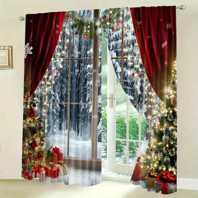 2er-Set Weihnachts Vorhänge aus Polyester mit Baum-Print, halbtransparent, Weiß/Mehrfarbig, B: 50 cm, H: 160 cm - Bild 1