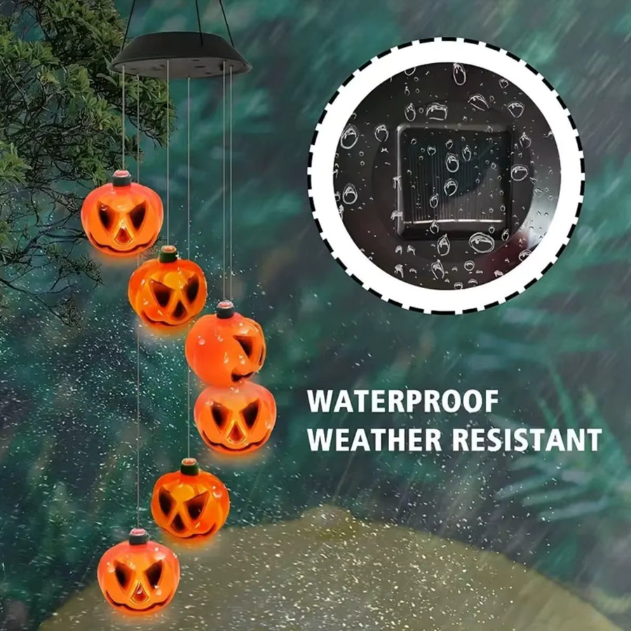 Peach Forest Halloween Solar Windspiel mit 6 farbwechselnden LED Kürbissen, wasserdicht, Schwarz/Mehrfarbig - Bild 4