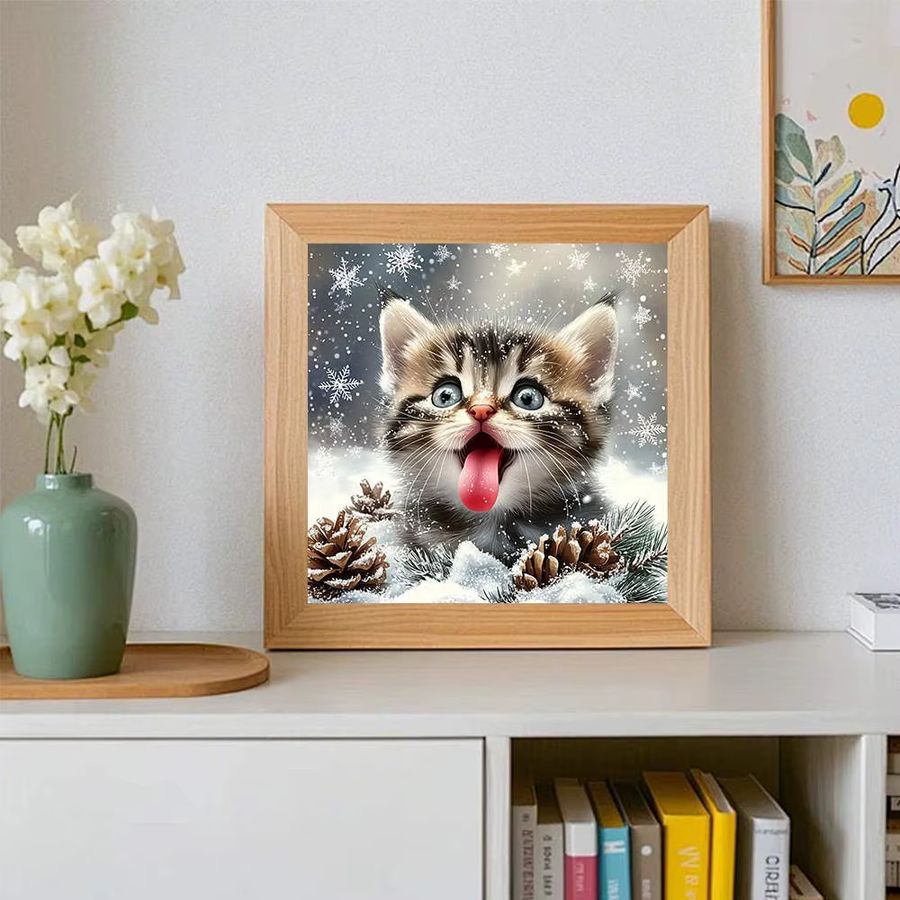 AZQSD 5D Diamantgemälde Set mit verschneitem Kätzchen in Winterszene, DIY Kunsthandwerk mit runden Diamanten und Leinwand, B/H: 20 x 20 cm - Bild 3