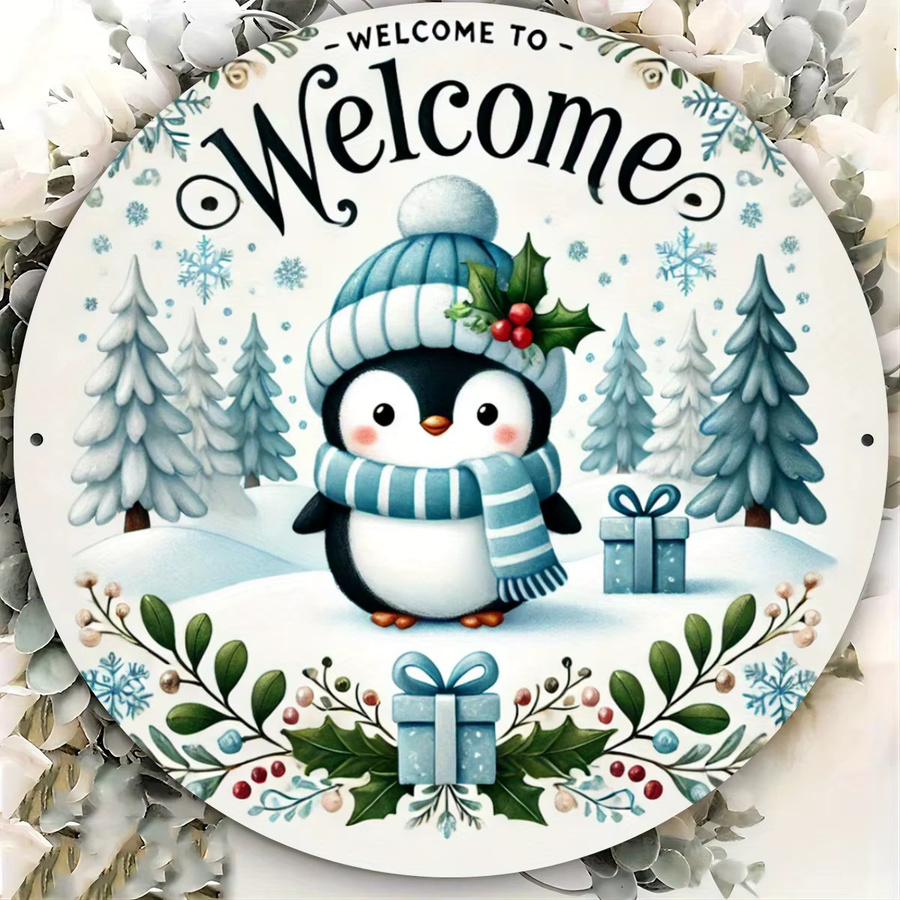 Rundes Metallwandschild von Potdemiel mit Pinguin in Winterkleidung, Mehrfarbig, Durchmesser: 20,32 cm - Bild 3