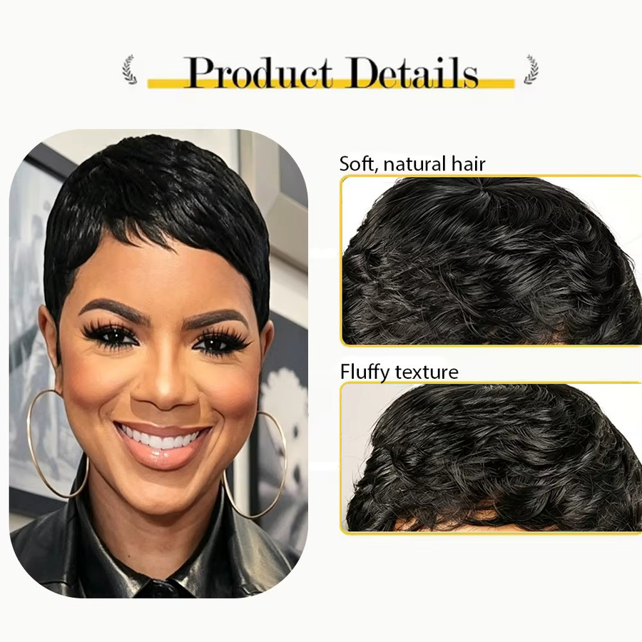 OYM HAIR Pixie-Schnitt-Perücke, Schwarz, Brasilianisches Echthaar, Damen - Bild 2