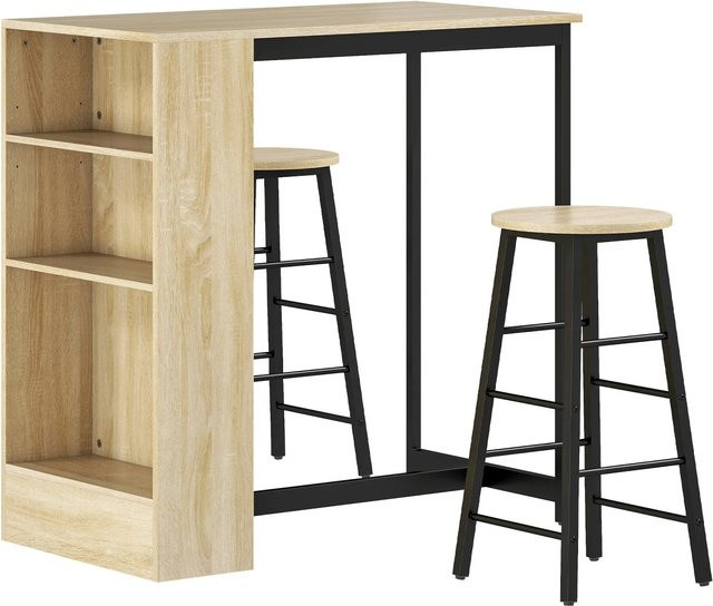 HOMCOM Bartisch Set mit Barhockern im Industriestil in Eiche und Schwarz/Braun für Küche, Esszimmer und Wohnbereich - Bild 1