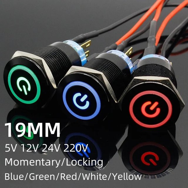 ELECAPITAL Druckknopfschalter aus Metall mit LED-Anzeige in Schwarz, 19mm, für 5V 12V 24V 220V, Momentary oder Raststeuerung - Bild 1