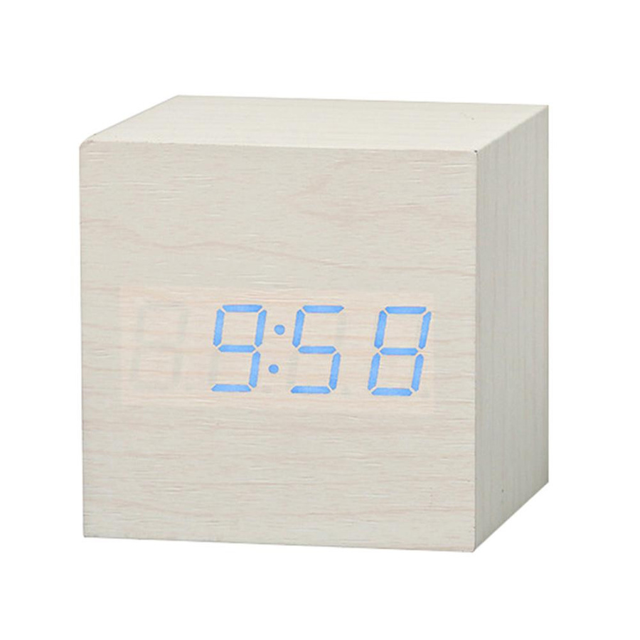 Yousheng Fashion Digitaler LED-Wecker aus Holz mit Sprachsteuerung, quadratisch, Weiß - Bild 2