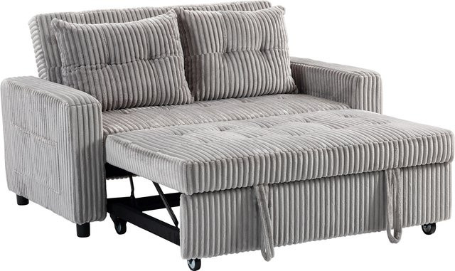 HOMCOM Schlafsofa 2-Sitzer mit Schlaffunktion in Hellgrau mit Kordoptik und Seitentaschen, B/T/H: 157 x 190 cm - Bild 1