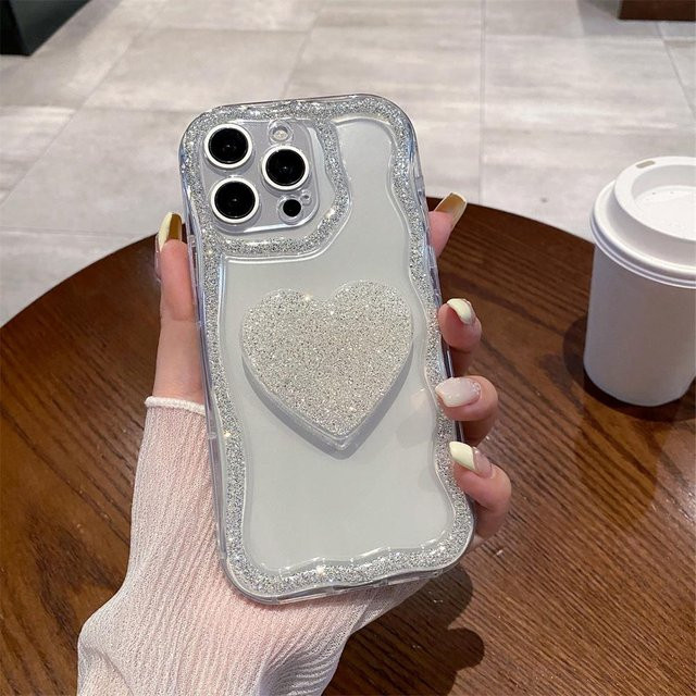 Yiran Bag Handyhülle mit Glitzer Diamant und 3D Liebesherz Halterung für iPhone 16 15 14 13 12 11 Pro Max Plus, transparent - Bild 1