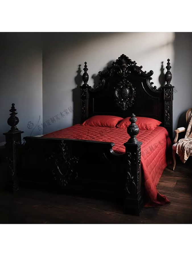 Neoklassizistisches Doppelbett aus Massivholz in Schwarz im Retro-Design mit Schnitzereien - Bild 4