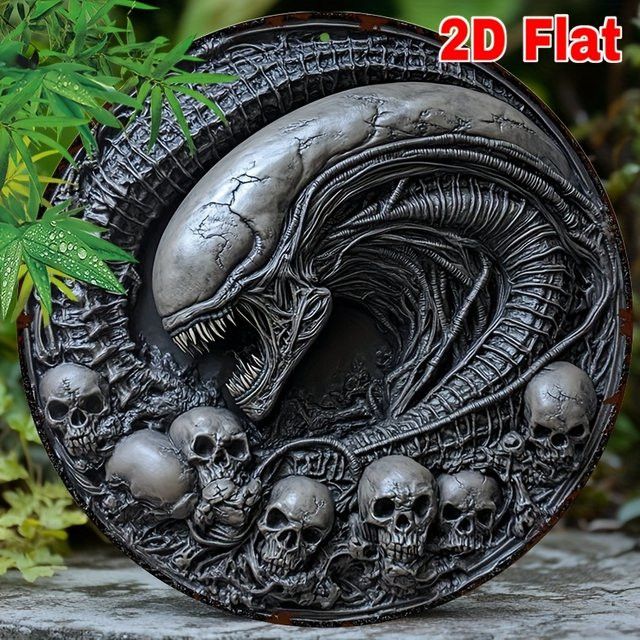 Rundes Aluminiumschild von Potdemiel im Vintage-Alien-Design mit Totenkopf-Motiv als Wanddekoration aus Metall - Bild 1