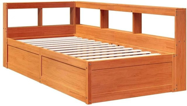 vidaXL Massivholzbett aus Kiefernholz mit Kopfteil und Regal in Wachsbraun B/T/H: 100 x 200 x 80 cm - Bild 1