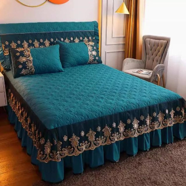 Super Six 3-teiliges Bettrock-Set aus Baumwolle mit Spitze in Blau, B/T: 220 x 200 cm - Bild 1