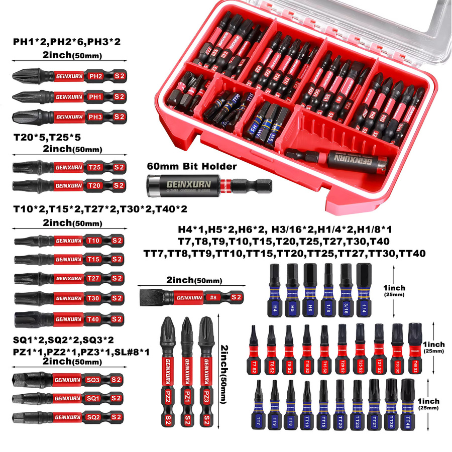 Geinxurn Schlagschrauber-Bits-Set aus S2-Stahl, 71-teilig, magnetisch mit Aufbewahrungskoffer und Schlagbithalter - Bild 2
