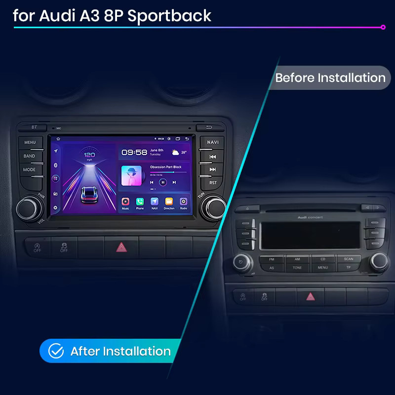 Junsun 7-Zoll Autoradio mit kabellosem CarPlay und Android Auto für Audi A3 8P S3 RS3 (2003-2012) in Schwarz mit GPS-Navigation, Bluetooth, FM RDS, DSP und IPS Touchscreen - Bild 2