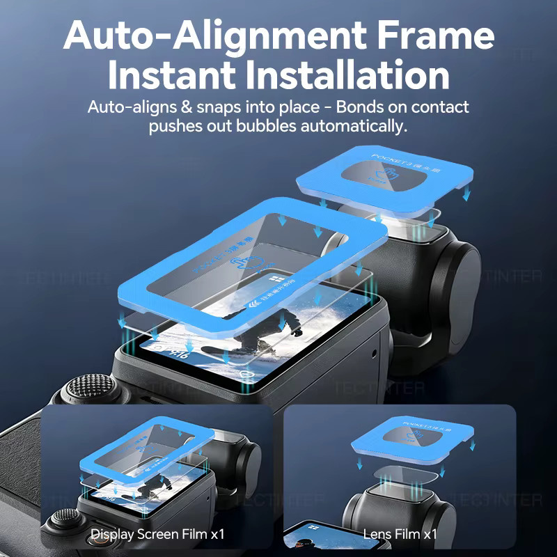 DJI OSMO Pocket 4, 3 und Xtra Objektivschutzfolie aus gehärtetem Glas mit Auto-Align Installationskit, transparent - Bild 2