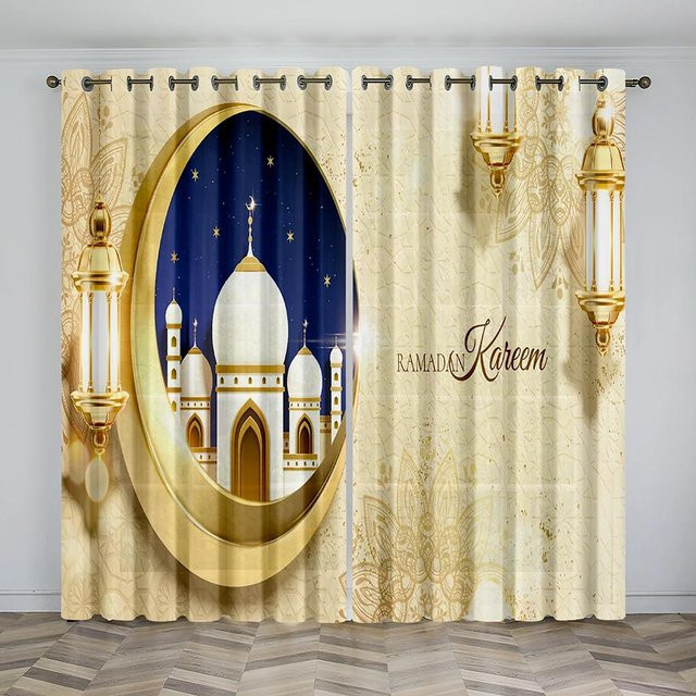 Boho Ramadan Islamic Vorhang Set in Gold und Schwarz, 2 Stück halbtransparente Fensterdekoration mit Ösen, Breite: 50 cm, Höhe: 130 cm - Bild 1