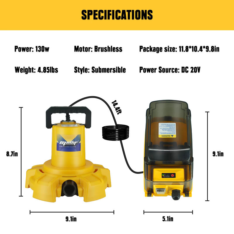 Mellif Akku-Tauchwasserpumpe Gelb, bürstenlose Transfer-Wasserpumpe kompatibel mit Dewalt 18 V 20 V Akku, 1320 GPH - Bild 6