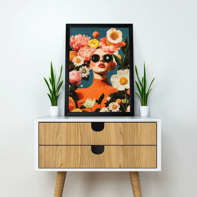 Potdemiel Vintage Leinwand Wandbild mit psychedelischer Mode Brille, Blumen und Planeten in Multicolor - Bild 2