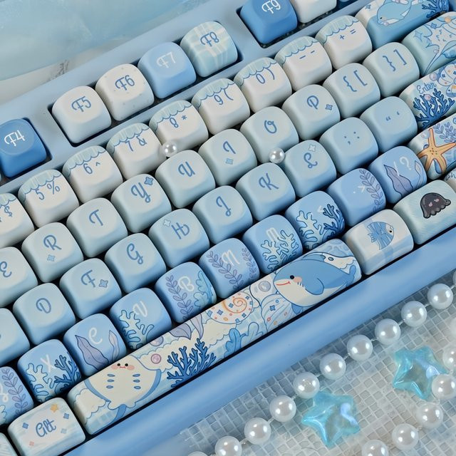 FSWHBY MOA Profil PBT Tastenkappen im Blue Sea Design mit 130 Tasten für mechanische Cherry MX Switches - Bild 1