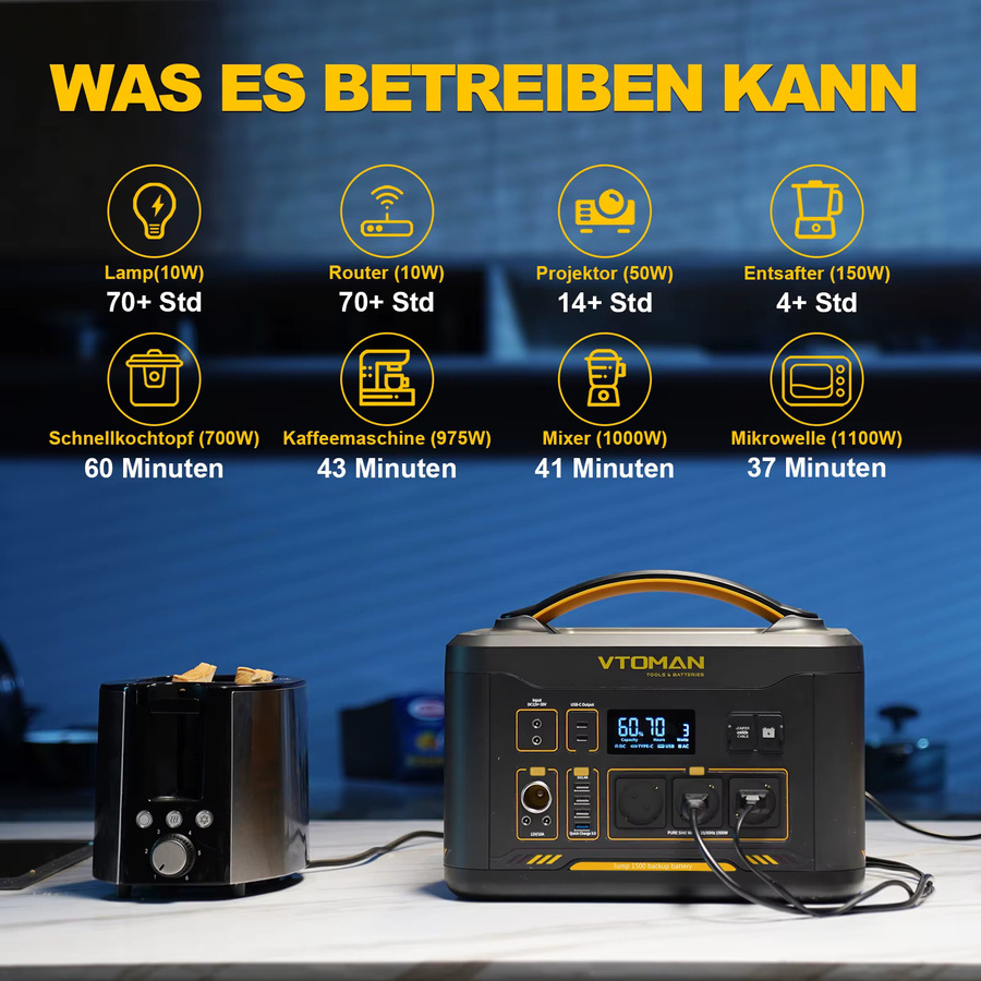 VTOMAN JUMP 1500X Tragbare Powerstation mit LiFePO4 Batterie, 828Wh, 1500W, Solargenerator in Schwarz - Bild 6