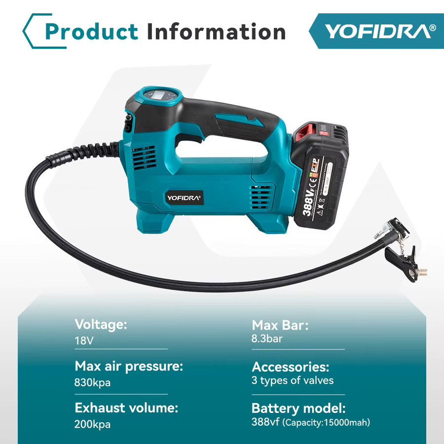 YOFIDRA Akku Reifeninflator mit Digitaldisplay Cordless Hochdruck Luftkompressor für Makita Batterie - Bild 2