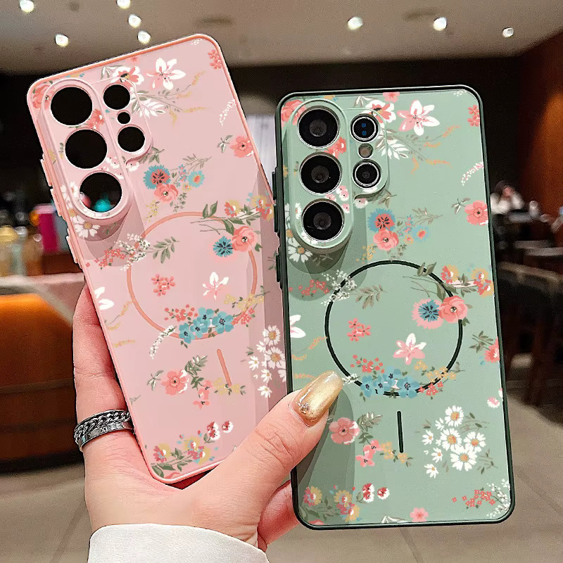 Magnetische Handyhülle mit rosa Blumenmuster für Samsung Galaxy S25 S26 Ultra S24 S23 FE A56 A37 A16 A55 A15 A36 A37 A55 Cover in Pink und Grau - Bild 1