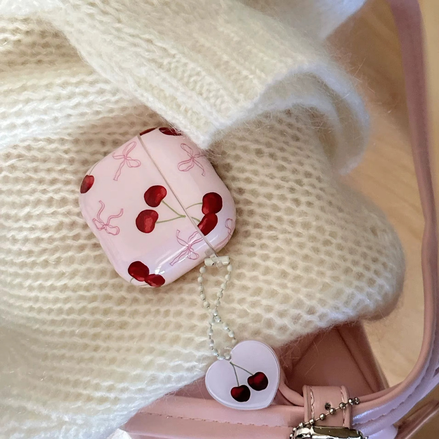 Glänzende Apple AirPods Schutzhülle mit Kirsch-Schleifenmuster in Pink inklusive Ring für AirPods 1 2 3 4 Pro 2 Pro 3 - Bild 2