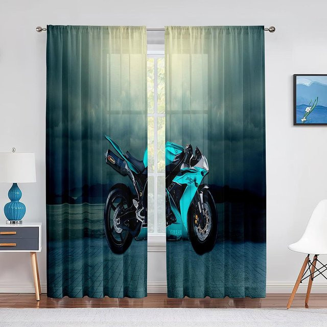 Dirt Bike Motocross Vorhänge für Jungen und Männer, 2er-Set blaue Fensterdekoration mit Ösen, B: 50 cm, H: 130 cm - Bild 1