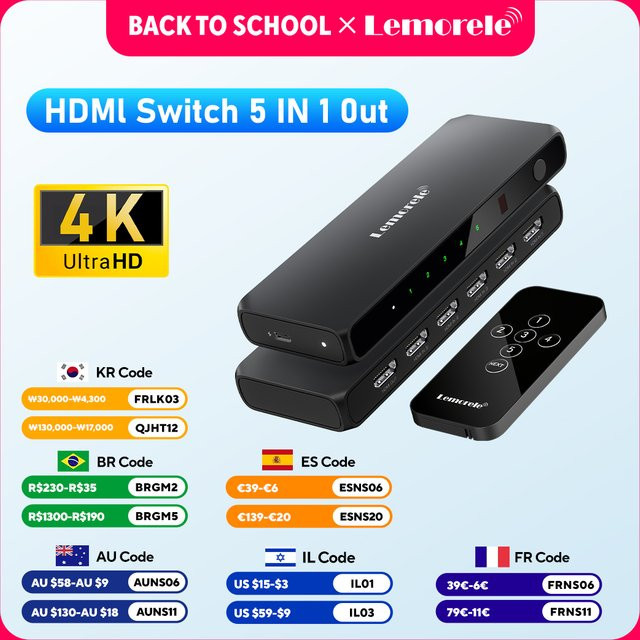 Lemorele G96 HDMI-Switch 5 in 1 Out, 4K@30Hz HDMI Splitter mit Fernbedienung, HDR und HDCP2.3, Schwarz, kompatibel mit Xbox, PS5, PS4 und PC - Bild 1