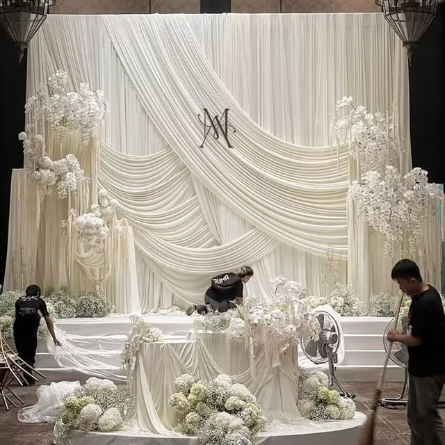 Tanmeluo Knitterfreier Faltvorhang in Beige und Weiß als weiche Stoffdraperie für Hochzeiten, Events und Partydekoration - Bild 1