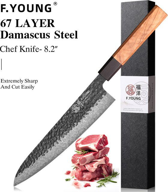 F.YOUNG Japanisches Sashimi-Messer aus 67-lagigem Damaszener Stahl, 20,8 cm, Silber - Bild 1