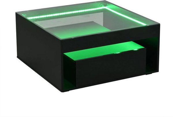 okwish Couchtisch mit LED Schubladen aus Glas in Schwarz Hochglanz, B/T/H: 70 x 70 x 35 cm