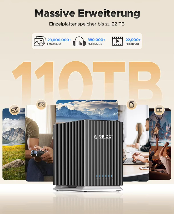 ORICO 5-Bay-Festplattengehäuse mit USB 3.1 Typ-C, werkzeugloses externes DAS-Gehäuse in Schwarz, Modell 9758C3 - Bild 3