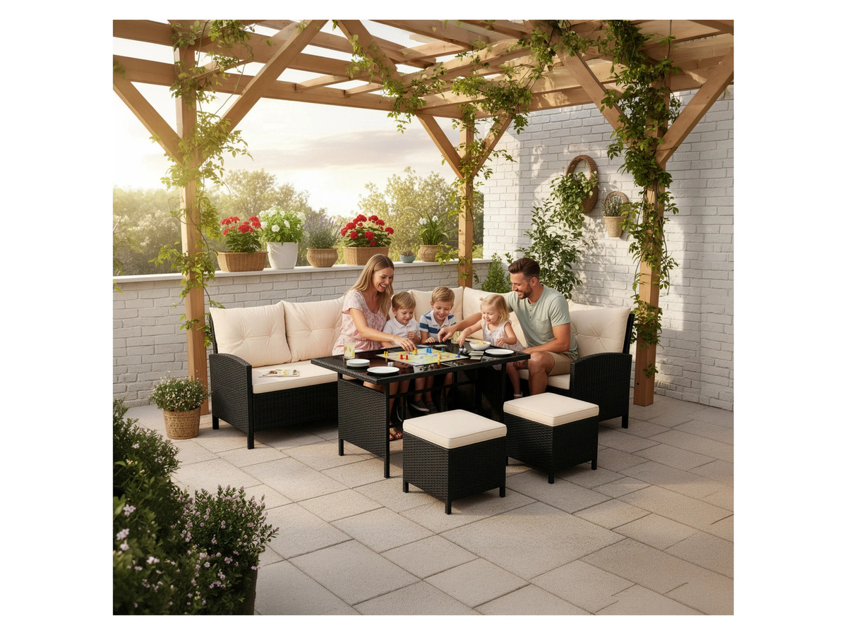 Juskys Gartenlounge Manacor Polyrattan Set in Schwarz mit cremefarbenen Bezügen - Bild 2