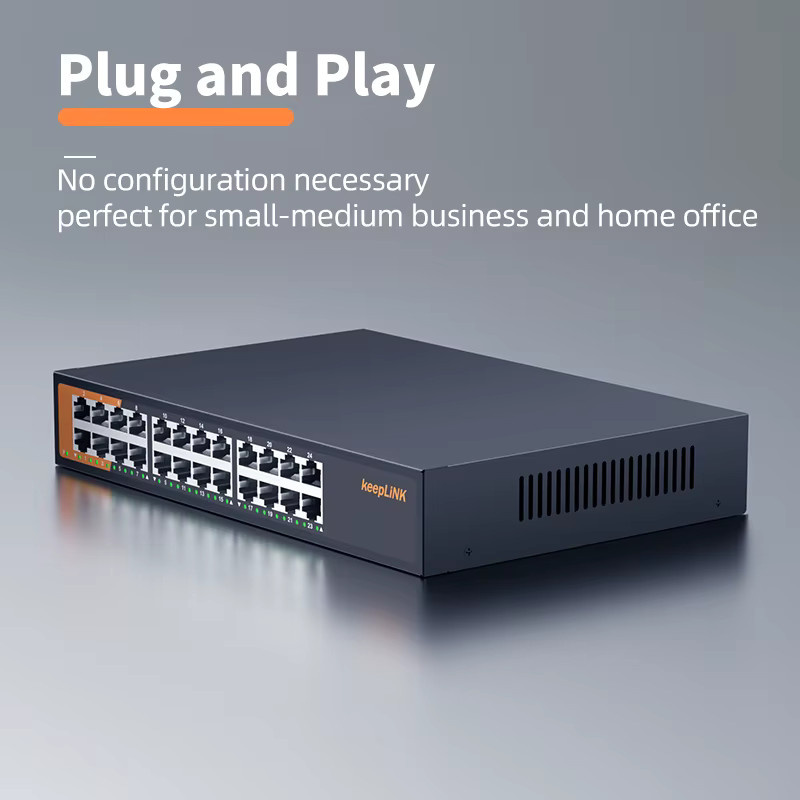KeepLiNK 24-Port Gigabit-Switch, unmanaged Ethernet-Netzwerk-Switch, 10/100/1000 Mbit/s, lüfterlos, Metall, Schwarz - Bild 2