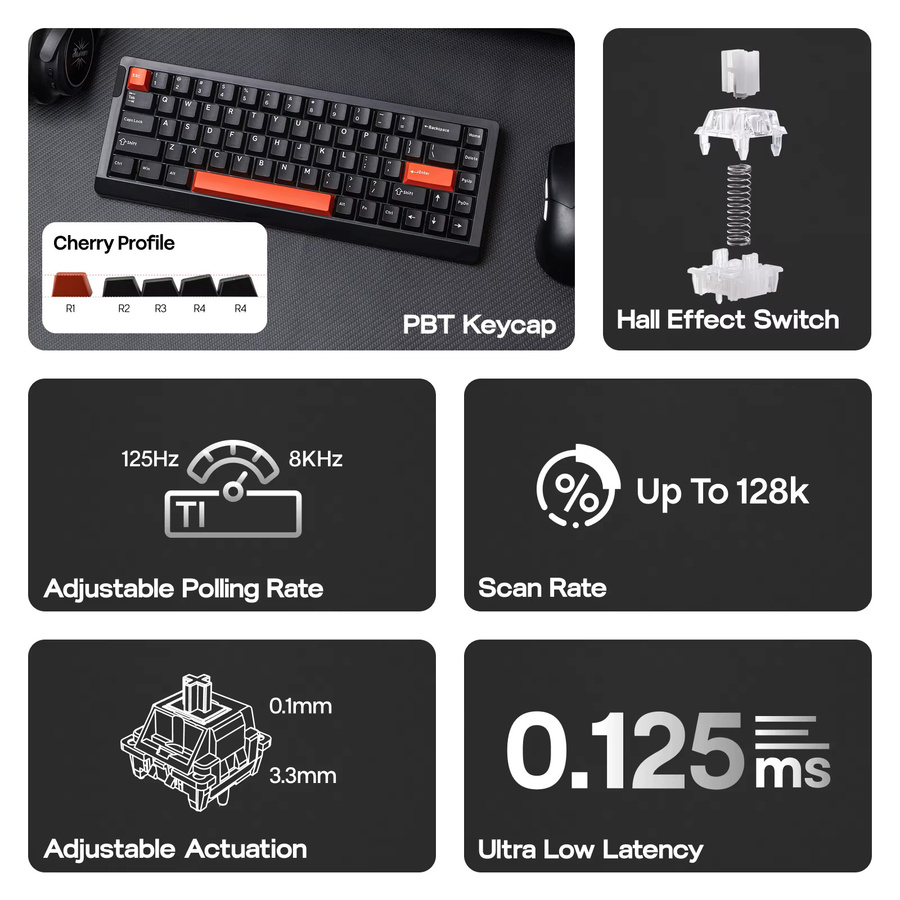 EPOMAKER HE68 Lite Magnetische Mechanische Tastatur mit Hall-Effekt, 65 % ANSI US-Layout, RGB-Hintergrundbeleuchtung, kabelgebunden, Schwarz-Rot - Bild 3