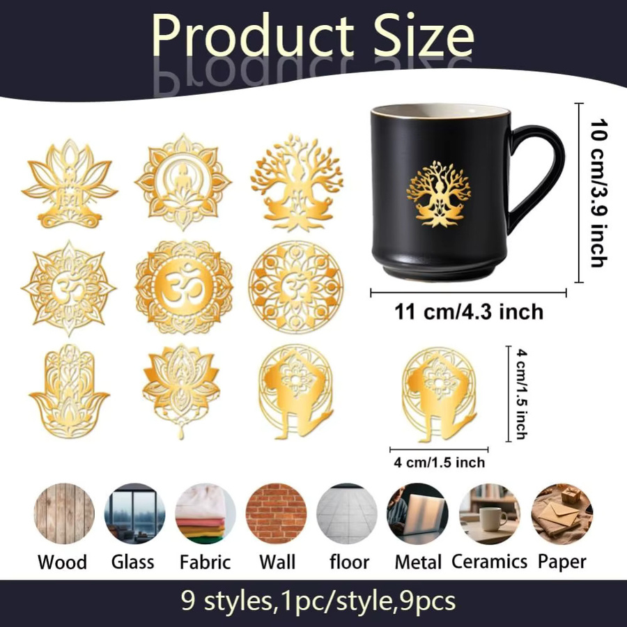 9 Stück Lotus selbstklebende Metall Aufkleber in Gold mit Om und Heiliger Geometrie, wasserdichte Mandala Aufkleber für Sammelalben, Durchmesser: 4 cm - Bild 2