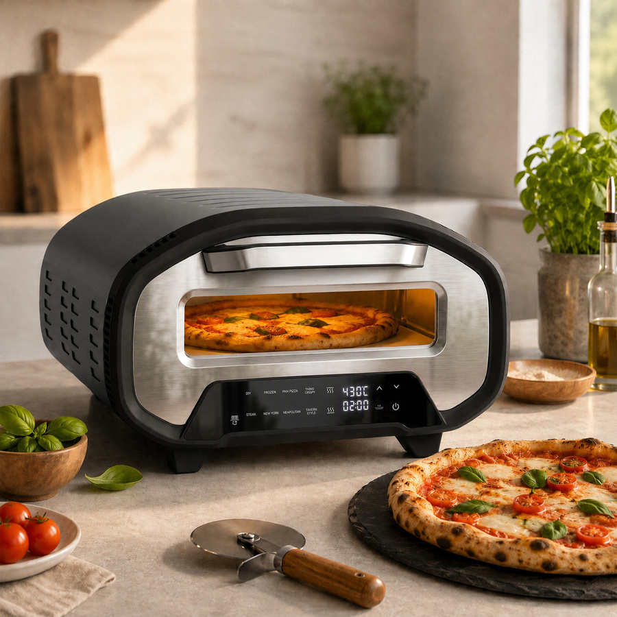 HOMCOM Pizzaofen Elektrisch mit Pizzastein aus Keramik, 2200W Backofen mit 8 Programmen, LED Bedienfeld, Timer und Sichtfenster, Grau/Schwarz - Bild 2