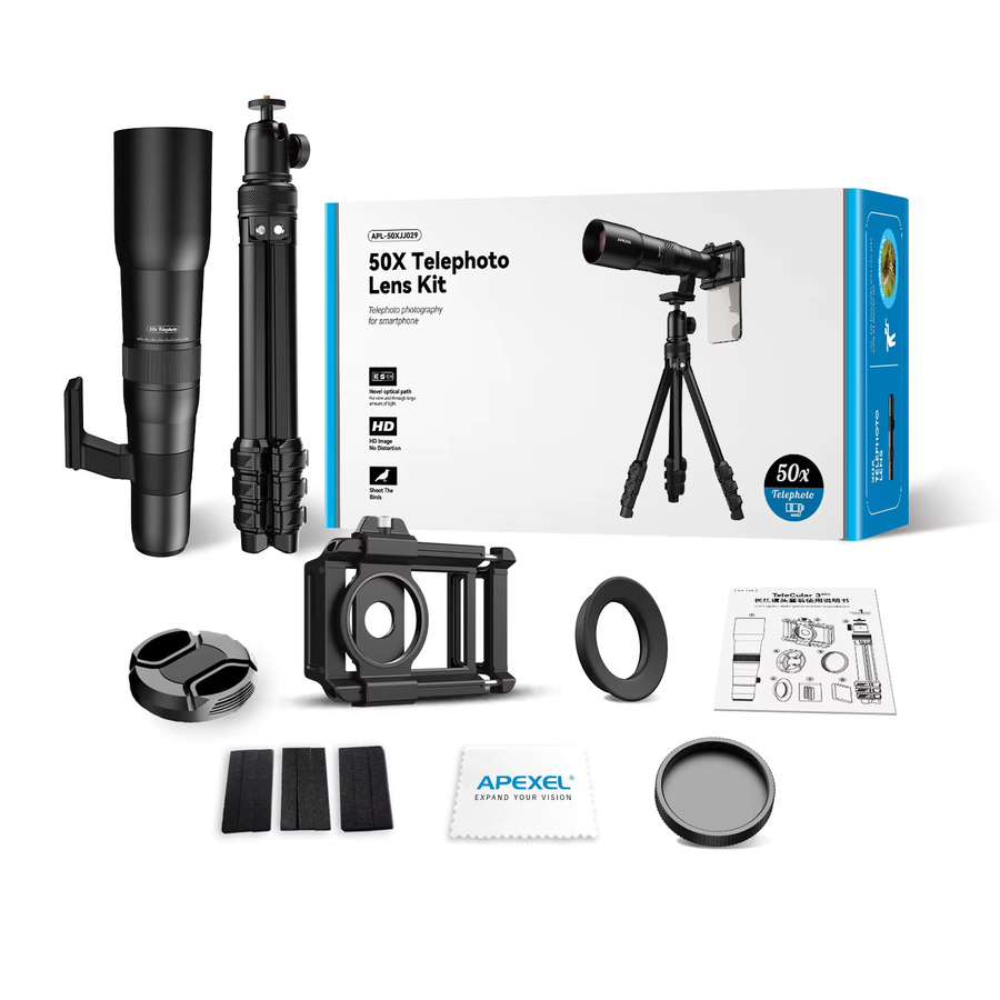 APEXEL Professionelles 50-faches Universal-Teleobjektiv aus Metall mit Stativ für Smartphones in Schwarz - Bild 6