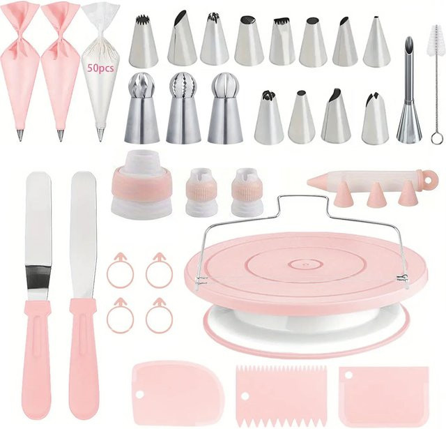 84-teiliges Kuchendekorationsset von XMSJ in Pink mit Drehteller und Backwerkzeugen für Cupcakes und Buttercreme-Dekoration - Bild 1