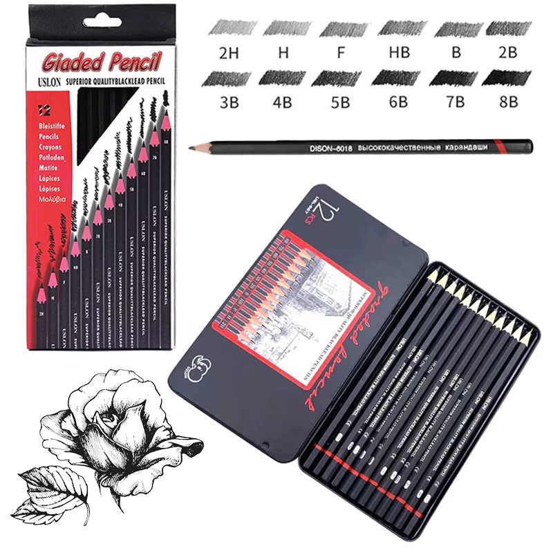 Zeichenstift Set mit 12 Stück Bleistiften in Schwarz für Schule und Kunst, inklusive Metallbox, Graphit-Bleistifte HB 2H 2B - Bild 2