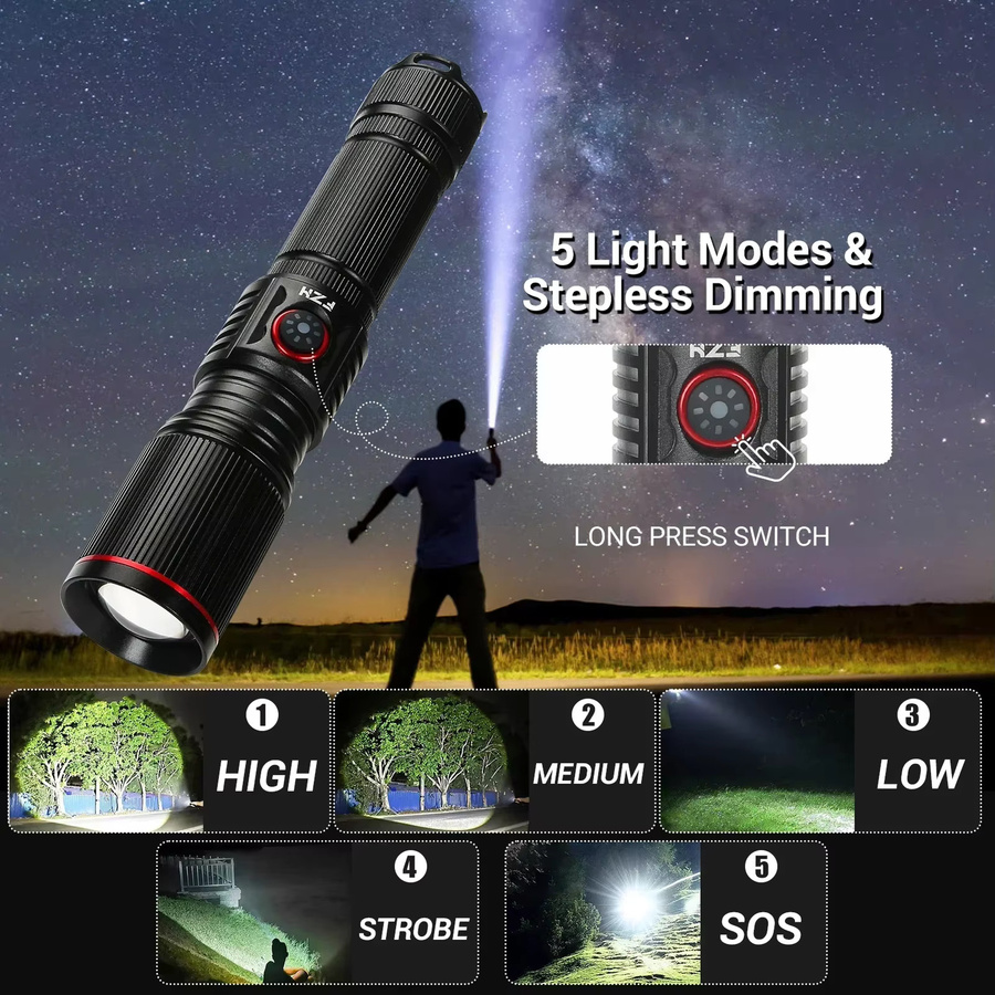 XIWANGFIRE LED Taschenlampe mit Zoom und USB-Aufladung, 30W, Weiß - Bild 3