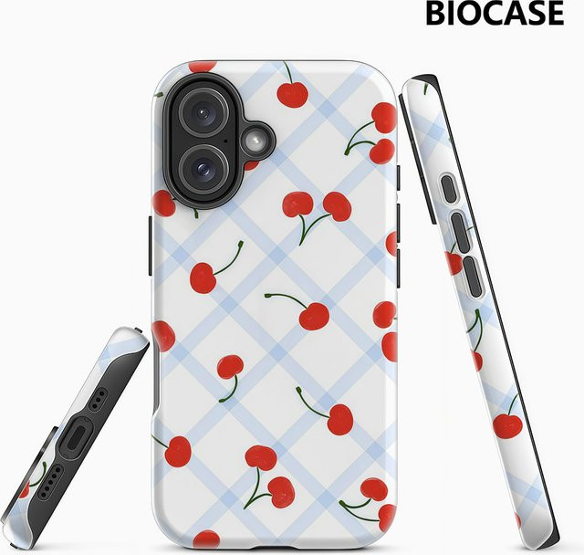 Handyhülle mit rotem Kirschmuster und blauem Schachbrett für Apple iPhone 17 16 15 14 13 12 Pro Max Plus mit doppellagiger Rückseite - Bild 1